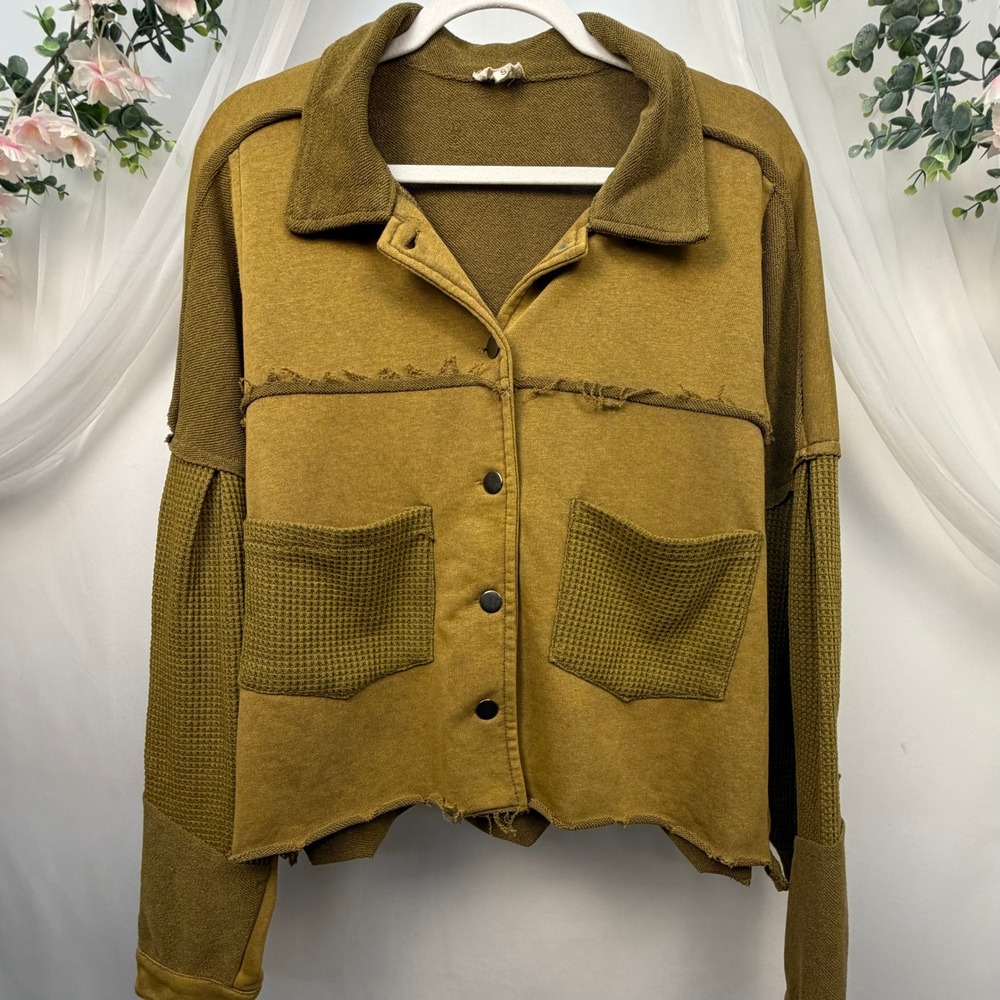 POL Mixed Media Waffle Knit Patchwork Jacket Mustard Olive Small FKJ58